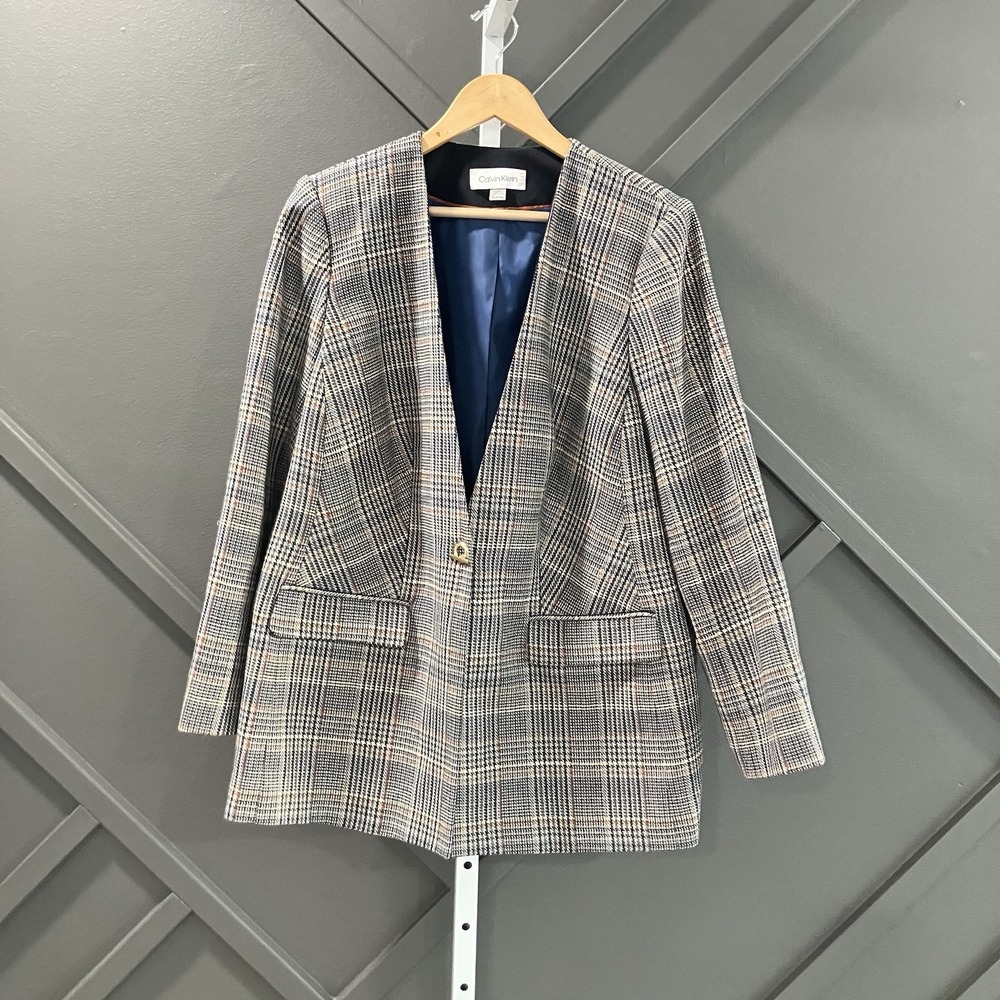 Calvin Klein Women's Plaid Open Front Blazer Jacket Gray Orange Blue‎ 16W